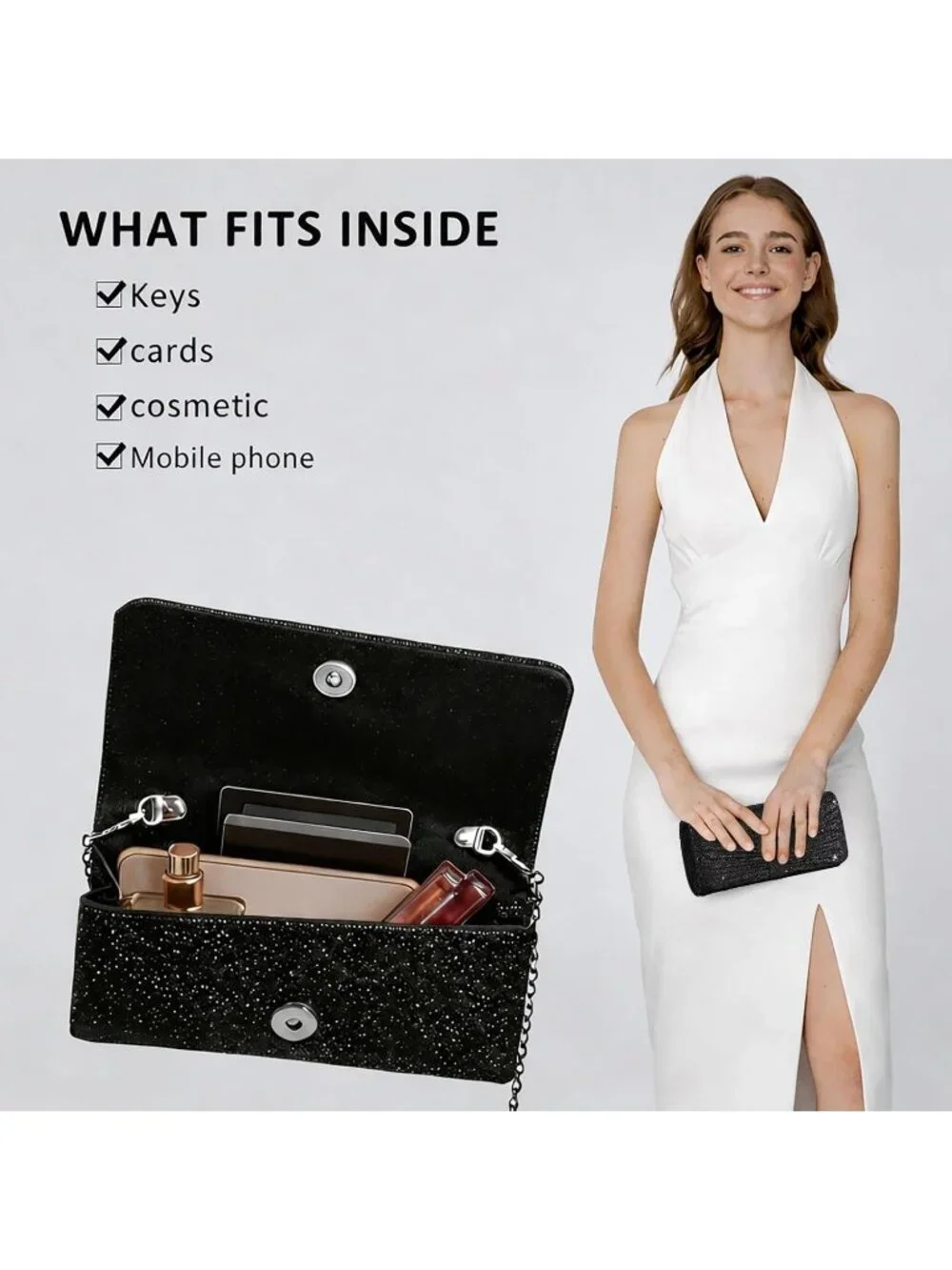 👜 Women's Black Wedding Bag Sparkling Party Handbag with Detachable Chain Purse